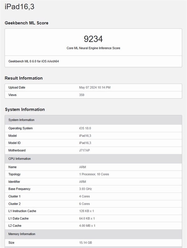 iPad Pro 2024现身Geekbench：全球首发10核M4 频率达3.93GHz 2024 第2张