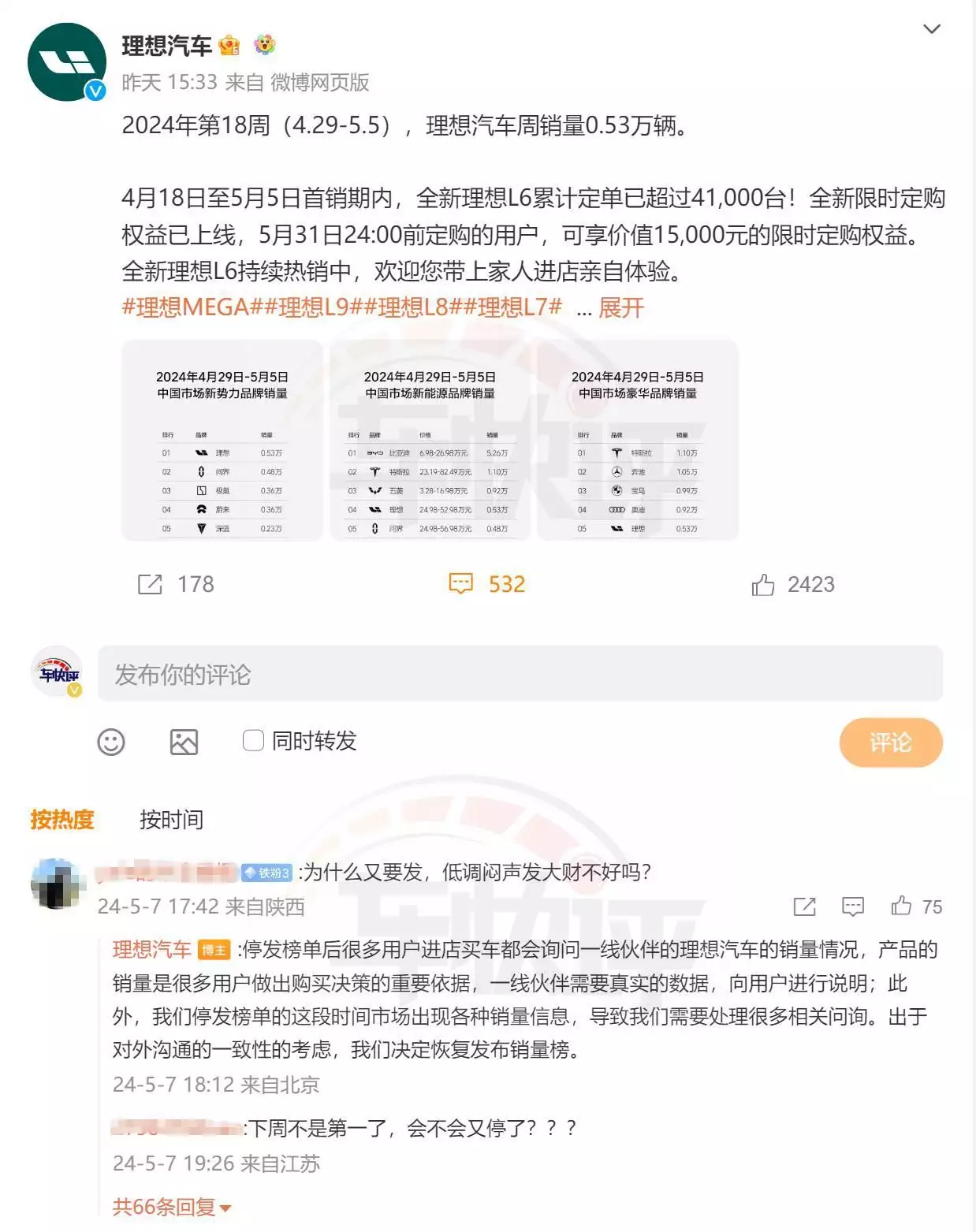 理想的周销量榜单，能不能一直发布下去，就看问界的销量了 问界 第4张