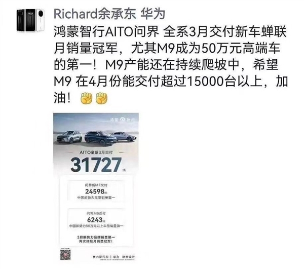余承东没吹牛！问界M9单月交付超1.5万：40万以上无条件第一 问界M9 第2张