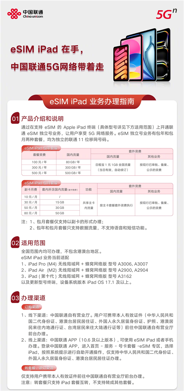 中国联通eSIM业务适配全新iPad Pro/Air：包年100元流量80GB起 中国联通 eSIM业务 iPad Pro/Air 第2张