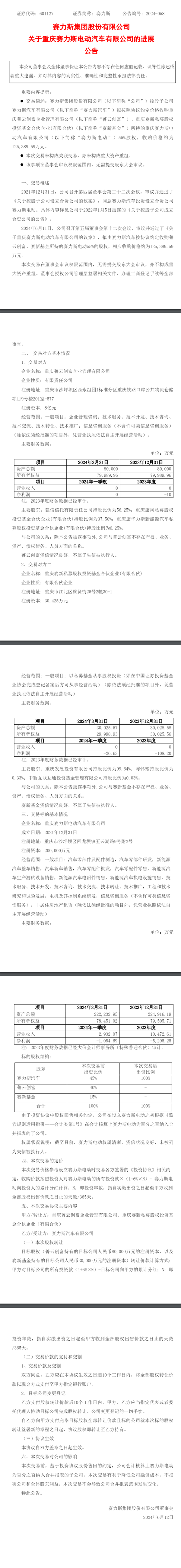 有钱了！赛力斯汽车拟收购赛力斯电动剩余55%股权：报价12.54亿 赛力斯汽车 赛力斯电动 第2张