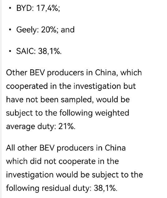 欧盟宣布拟对中国电动车加征最高38.1%的关税！比亚迪吉利上汽在列 宝马公开反对 欧盟宣对中国电动车加征关税 第1张