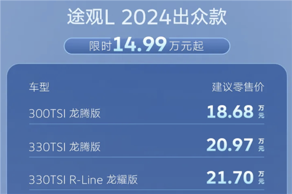 家族全新入门产品！2024款途观L出众款上市：售14.99万元 2024款途观L 第2张