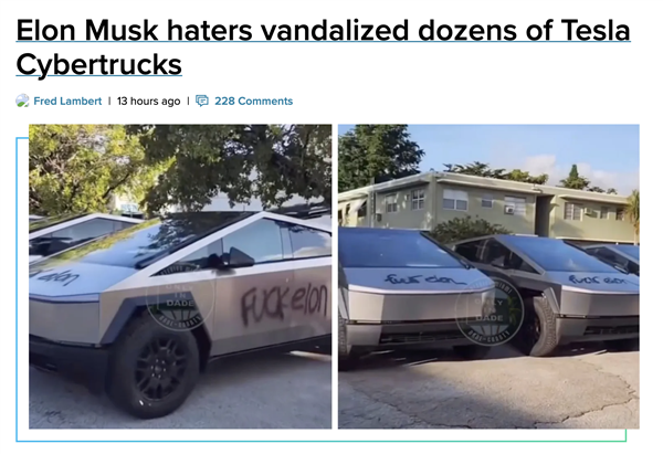 辱骂马斯克！数十辆特斯拉Cybertruck被恶意涂鸦 马斯克 特斯拉Cybertruck 第1张
