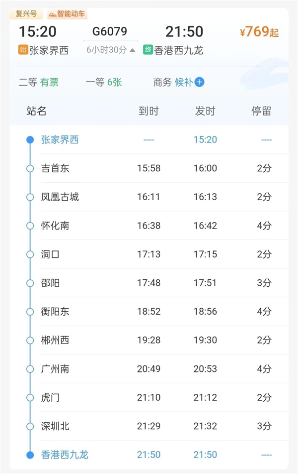 1235公里 只要6.5小时！张家界-香港首开直通高铁 高铁 第2张