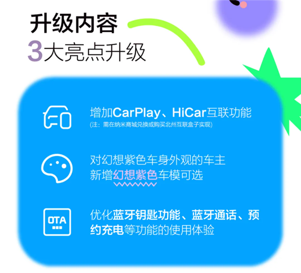 新增苹果CarPlay、华为HiCar 东风纳米01推OTA升级：可能需花钱 苹果CarPlay 华为HiCar 东风纳米01 第2张