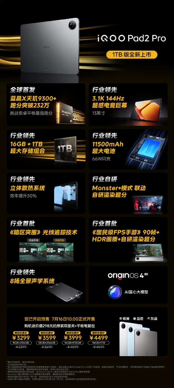 首发联发科天玑9300+！iQOO Pad2 Pro 16GB+1TB顶配版发布：4499元 天玑9300+ iQOO 第3张