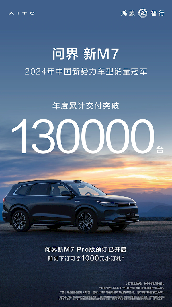 问界新M7年度累计交付破13万 拿下2024年中国新势力销冠 问界新M7 第1张