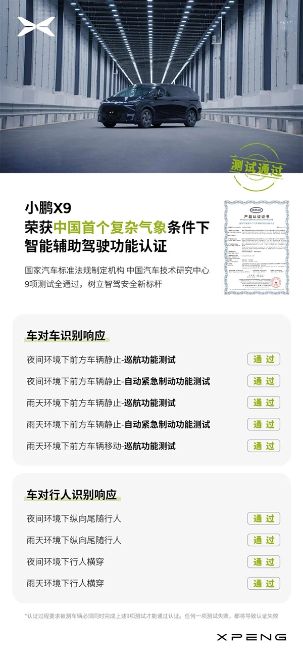 中国首个！小鹏X9完成复杂气象条件下辅助驾驶认证 小鹏X9 辅助驾驶认证 第1张