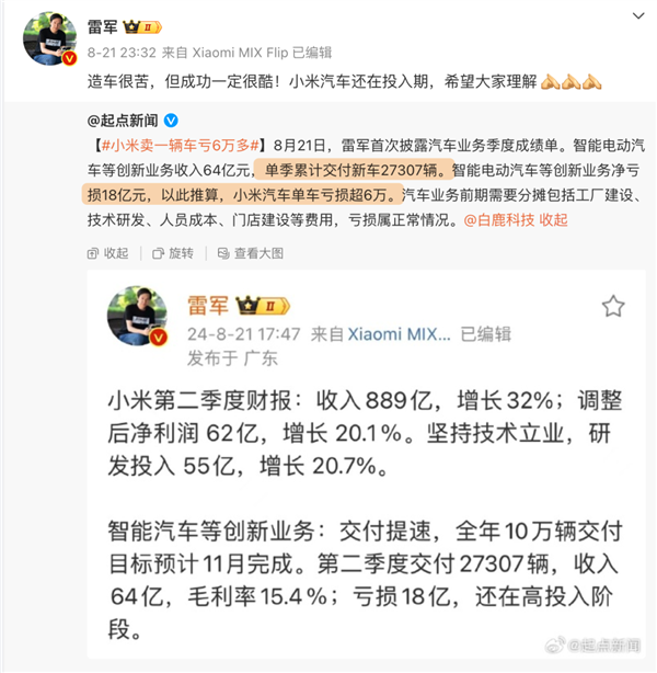 小米卖一辆车亏6万 那你不买岂不是替他省钱？ 小米 第2张