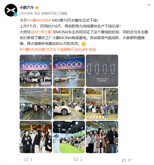 用时216天！小鹏MONA M03第十万台下线：创新势力纯电最快生产下线纪录 小鹏MONA M03 第1张