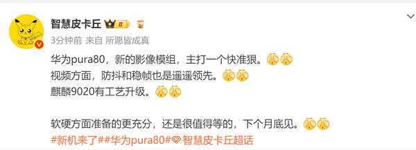 华为Pura 80或在6月底发布:采用全新模组 视频能力大提升 80 第2张 华为Pura 80或在6月底发布:采用全新模组 视频能力大提升 80 第2张