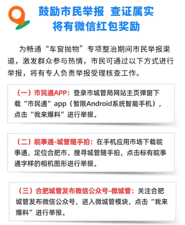 合肥上线举报“车窗抛物”规定 每条线索奖励50元微信红包 合肥上线举报车窗抛物 第1张 合肥上线举报“车窗抛物”规定 每条线索奖励50元微信红包 合肥上线举报车窗抛物 第1张