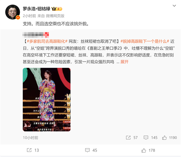 网友喊话空姐去高跟鞋化 罗永浩：支持 但也不要挑外貌 第1张
