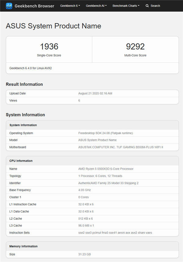 锐龙 5 5500X3D首次Geekbench跑分：单核与5500相似、多核提升13%！ 5500X3D 第1张