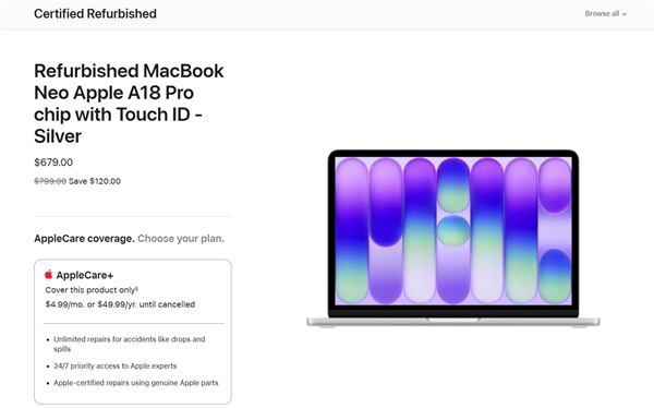 新机涨价官翻补位！MacBook Neo官翻版上架：679美元 苹果最便宜笔记本 MacBook Neo 第3张