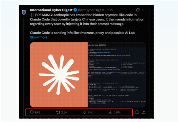 美国最强AI企业Anthropic编程工具中暗藏对中国的监视代码:持续3个月 Anthropic编程工具 监视代码 第2张 美国最强AI企业Anthropic编程工具中暗藏对中国的监视代码:持续3个月 Anthropic编程工具 监视代码 第2张