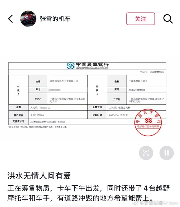 张雪机车团队驰援广西 捐500万还亲自骑摩托送物资 道路泥泞腿上全是泥 第3张