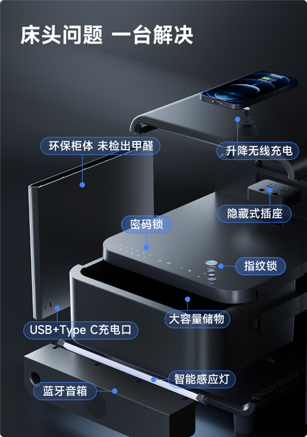 抵5件家具 8H智能床头柜发布：带指纹保险柜还能连米家APP 智能床头柜 第3张