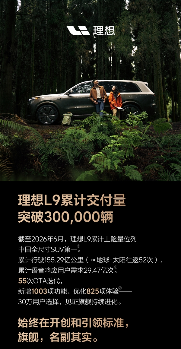 国产全尺寸新能源SUV“慈父”!理想L9累计交付突破30万辆 理想L9 第1张 国产全尺寸新能源SUV“慈父”!理想L9累计交付突破30万辆 理想L9 第1张