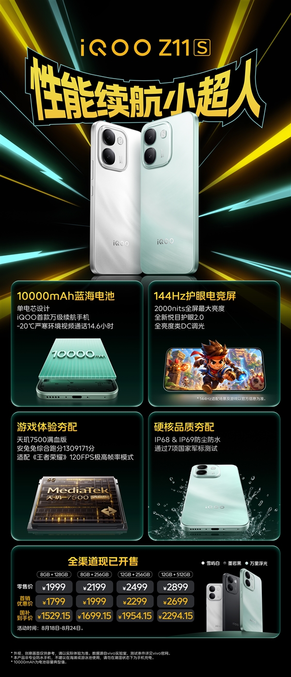 一图读懂iQOO Z11S：万级大电池+天玑7500满血芯片 1799元起 iQOO Z11S 第2张