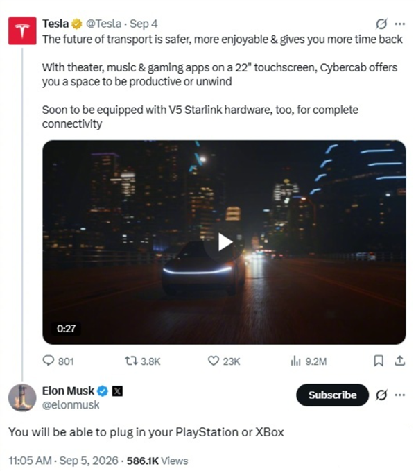 能在车里打游戏!马斯克透露:特斯拉Cybercab未来可连接PS和Xbox 特斯拉Cybercab 第2张 能在车里打游戏!马斯克透露:特斯拉Cybercab未来可连接PS和Xbox 特斯拉Cybercab 第2张