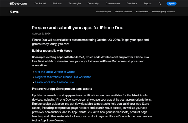 iPhone Duo发售在即!苹果开放适配应用提交:2027年4月起有新要求 Duo 第1张 iPhone Duo发售在即!苹果开放适配应用提交:2027年4月起有新要求 Duo 第1张