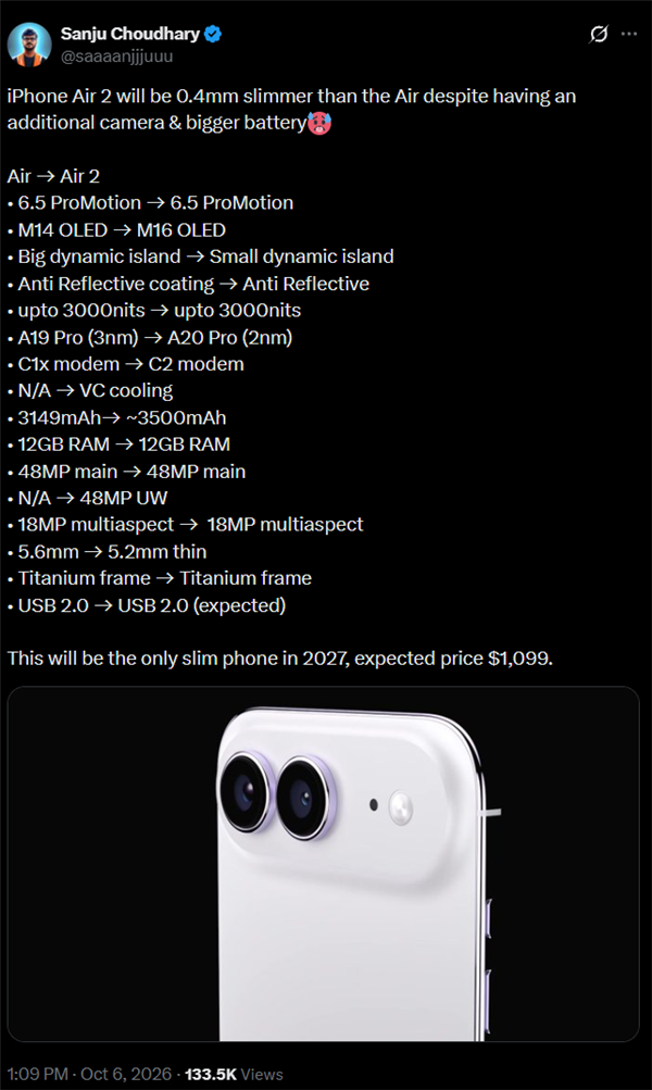 2027年发布 苹果iPhone Air 2大升级：机身薄至5.2mm 电池反而更大了 2 第2张