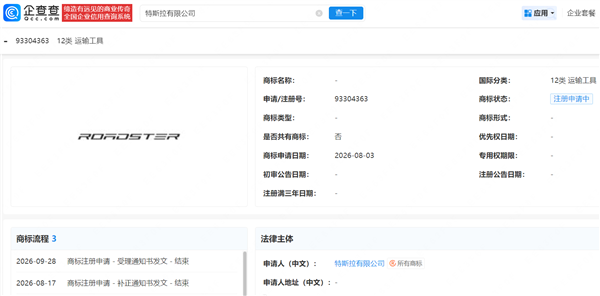 马斯克画饼兑现!被称“跳票王”的特斯拉Roadster真会飞:商标已完成申请 特斯拉Roadster 第1张 马斯克画饼兑现!被称“跳票王”的特斯拉Roadster真会飞:商标已完成申请 特斯拉Roadster 第1张